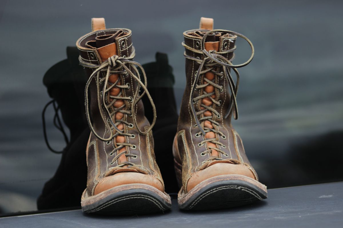 Photo by J.Seven on March 6, 2025 of the Frank's Boots Monkey Boot in Horween Cinnamon Waxed Flesh & Wickett & Craig Russet Traditional Harness.