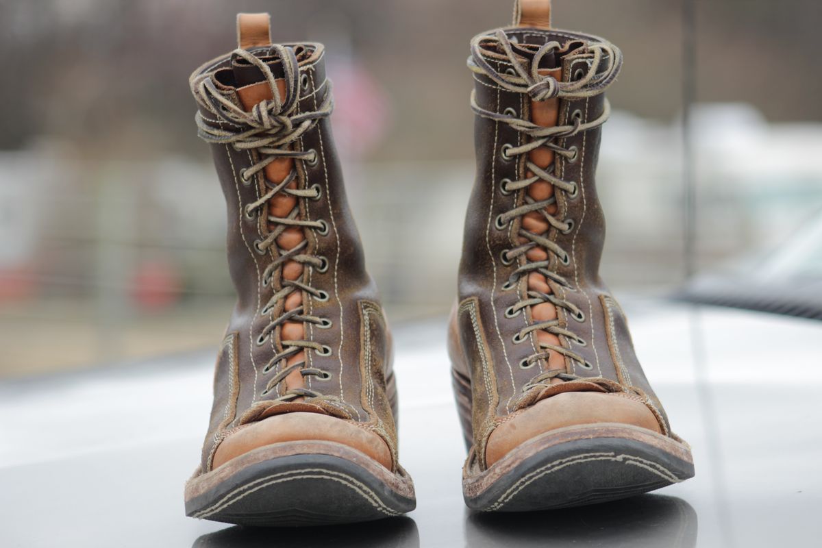 Photo by J.Seven on March 6, 2025 of the Frank's Boots Monkey Boot in Horween Cinnamon Waxed Flesh & Wickett & Craig Russet Traditional Harness.