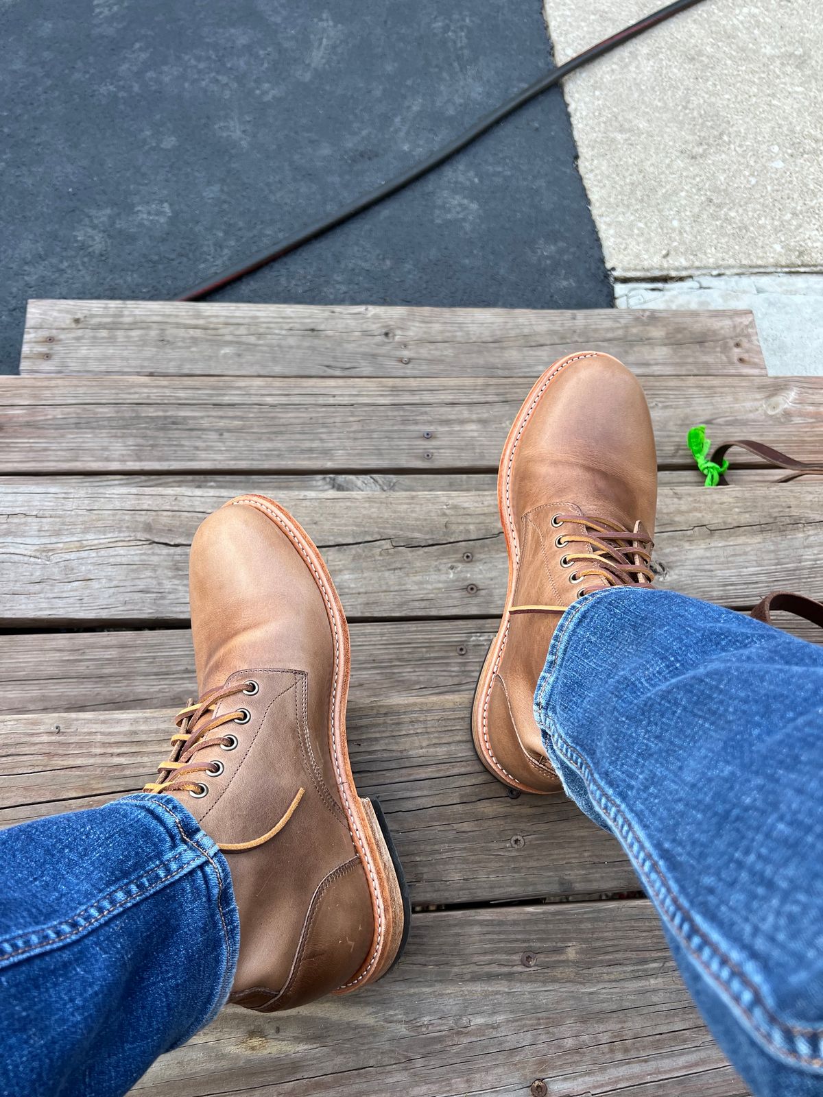 Photo by twigglekitty73 on October 1, 2023 of the Oak Street Bootmakers Trench Boot in Horween Natural Chromexcel.