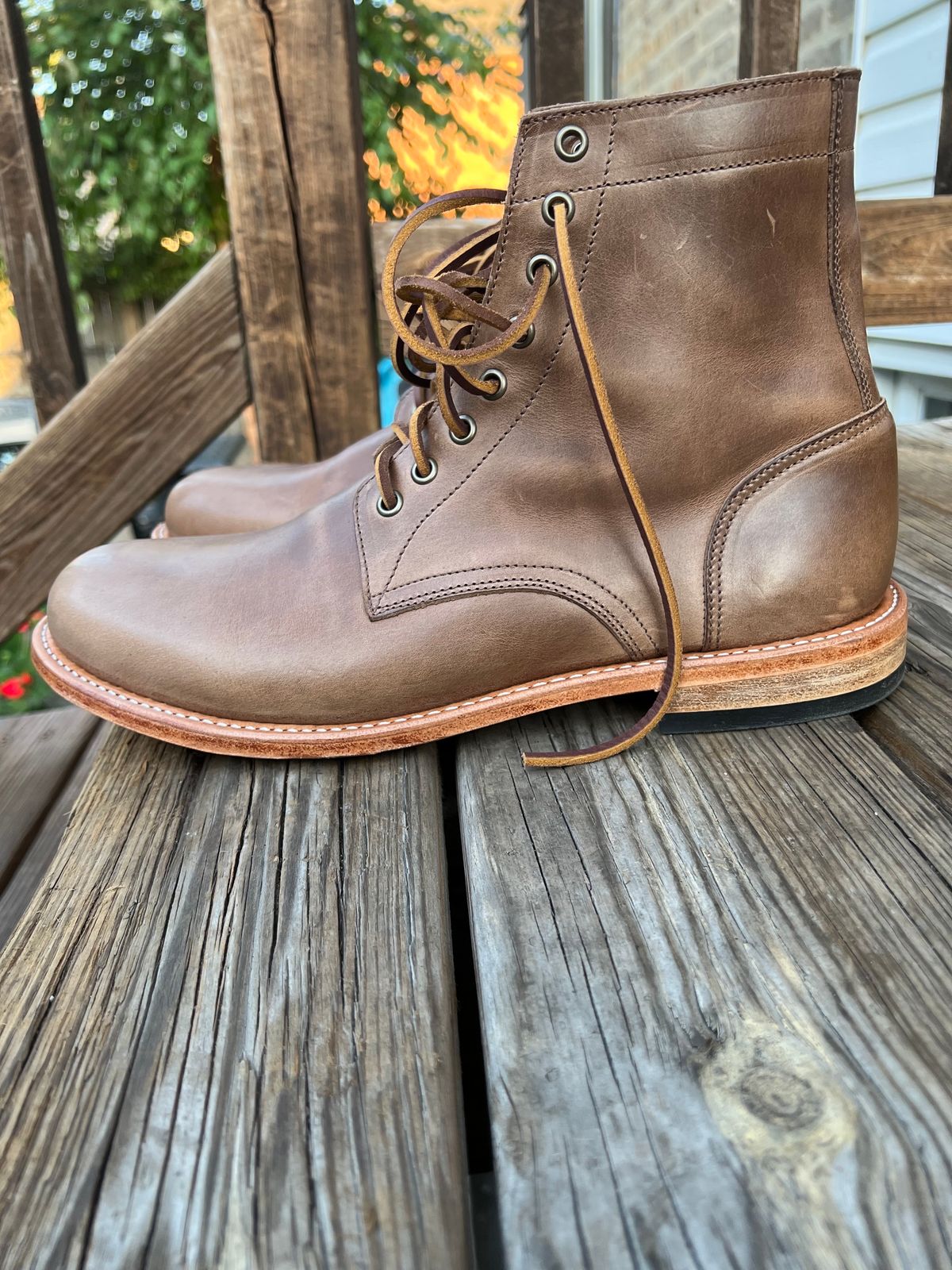 Photo by twigglekitty73 on October 1, 2023 of the Oak Street Bootmakers Trench Boot in Horween Natural Chromexcel.