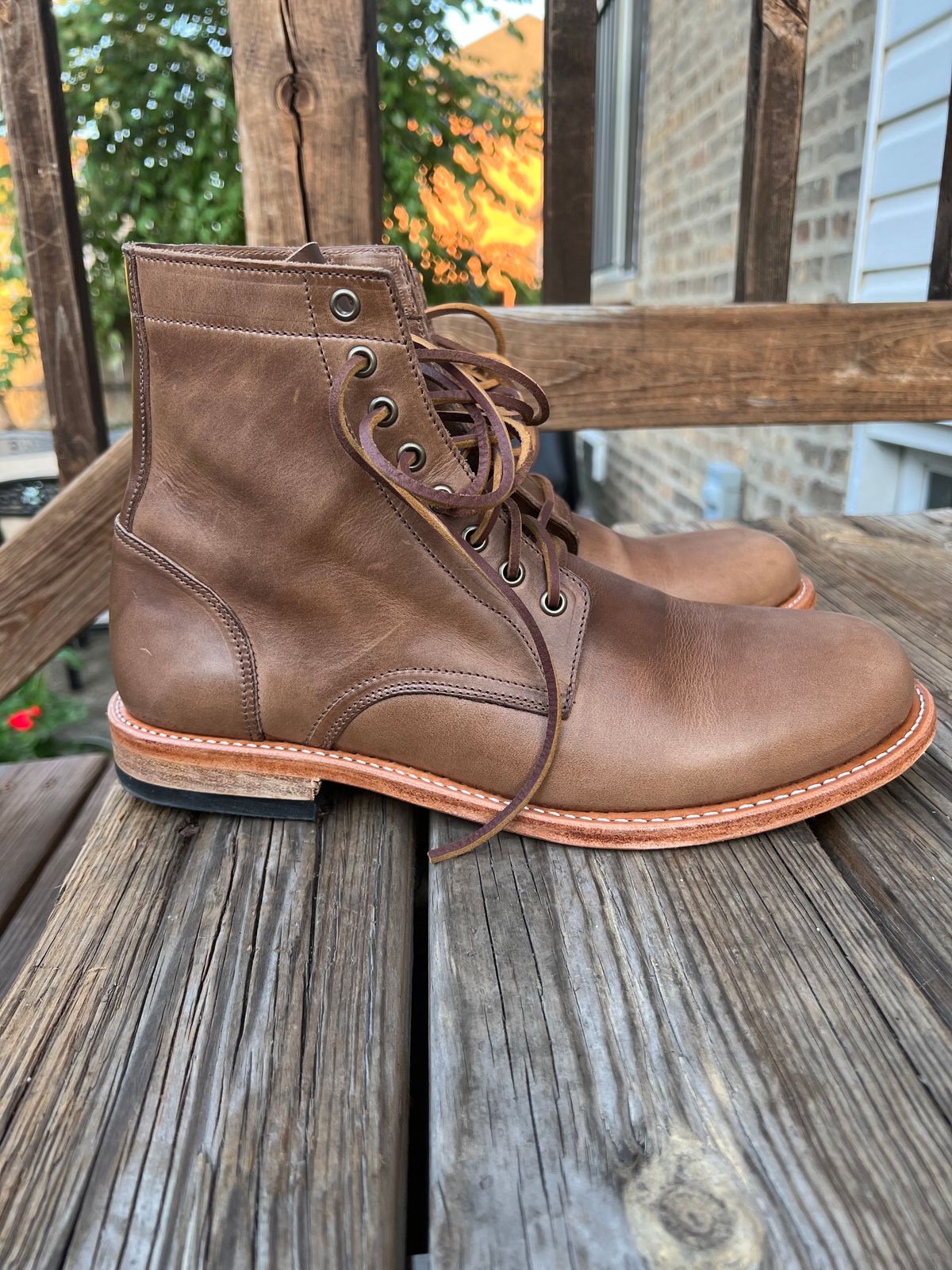 Photo by twigglekitty73 on October 1, 2023 of the Oak Street Bootmakers Trench Boot in Horween Natural Chromexcel.
