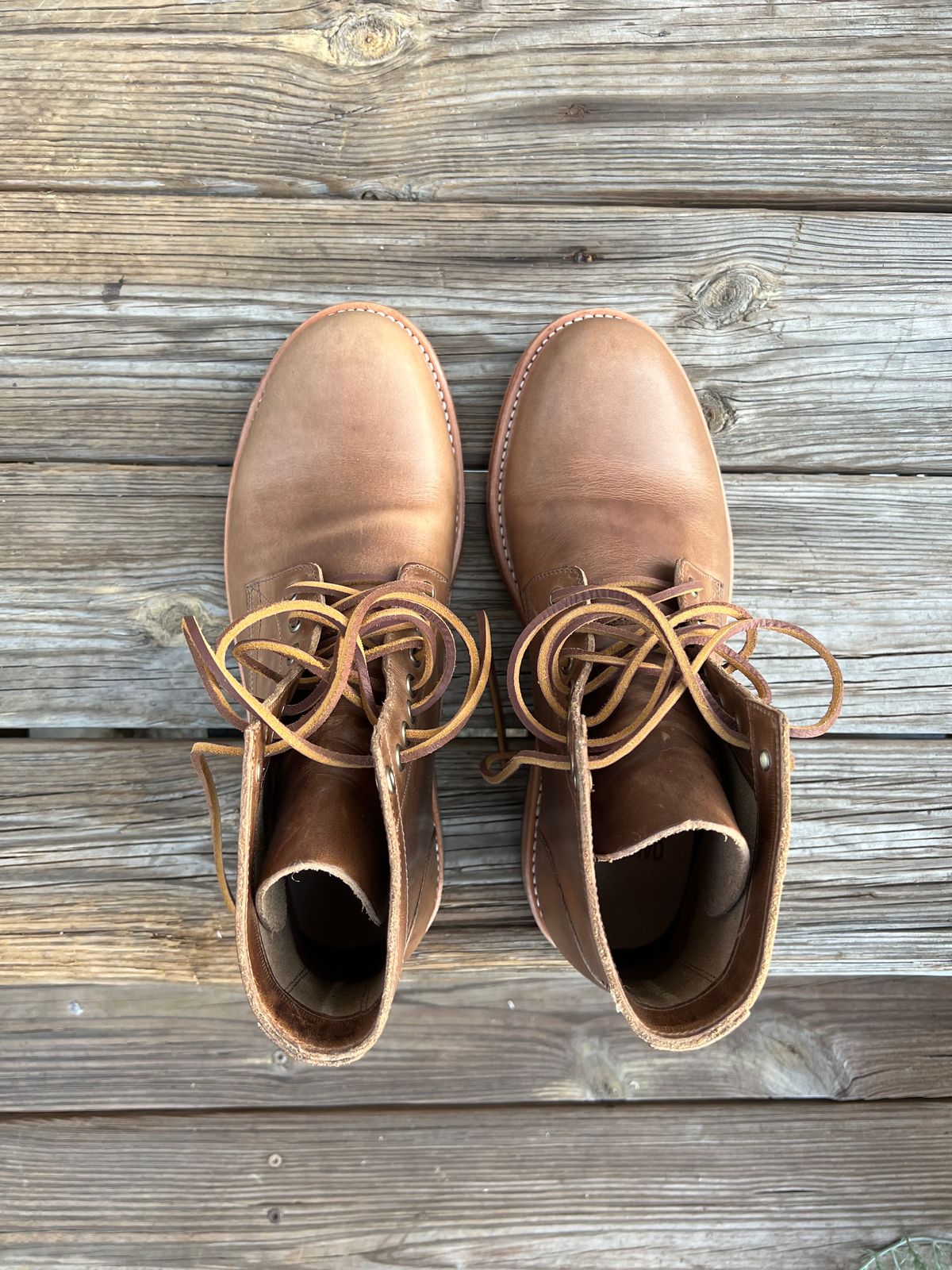 Photo by twigglekitty73 on October 1, 2023 of the Oak Street Bootmakers Trench Boot in Horween Natural Chromexcel.