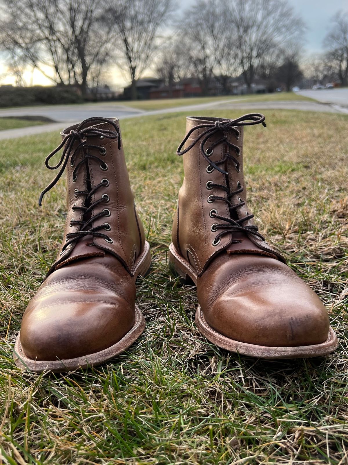 Photo by twigglekitty73 on January 1, 2024 of the Oak Street Bootmakers Trench Boot in Horween Natural Chromexcel.