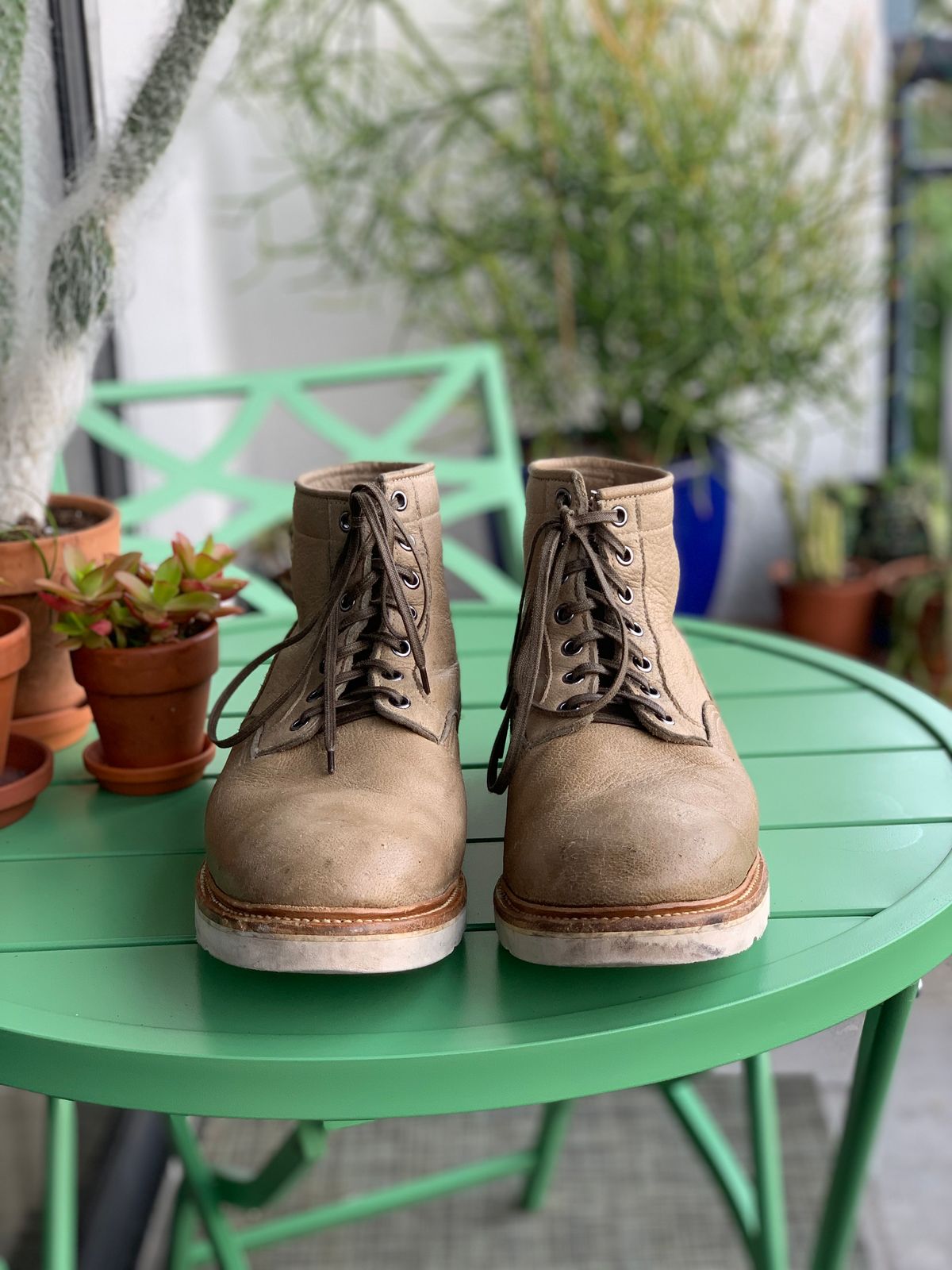 Photo by lonewolfpacman on April 2, 2024 of the Viberg Scout Boot in C.F. Stead Nomad Bokhara Nubuck.