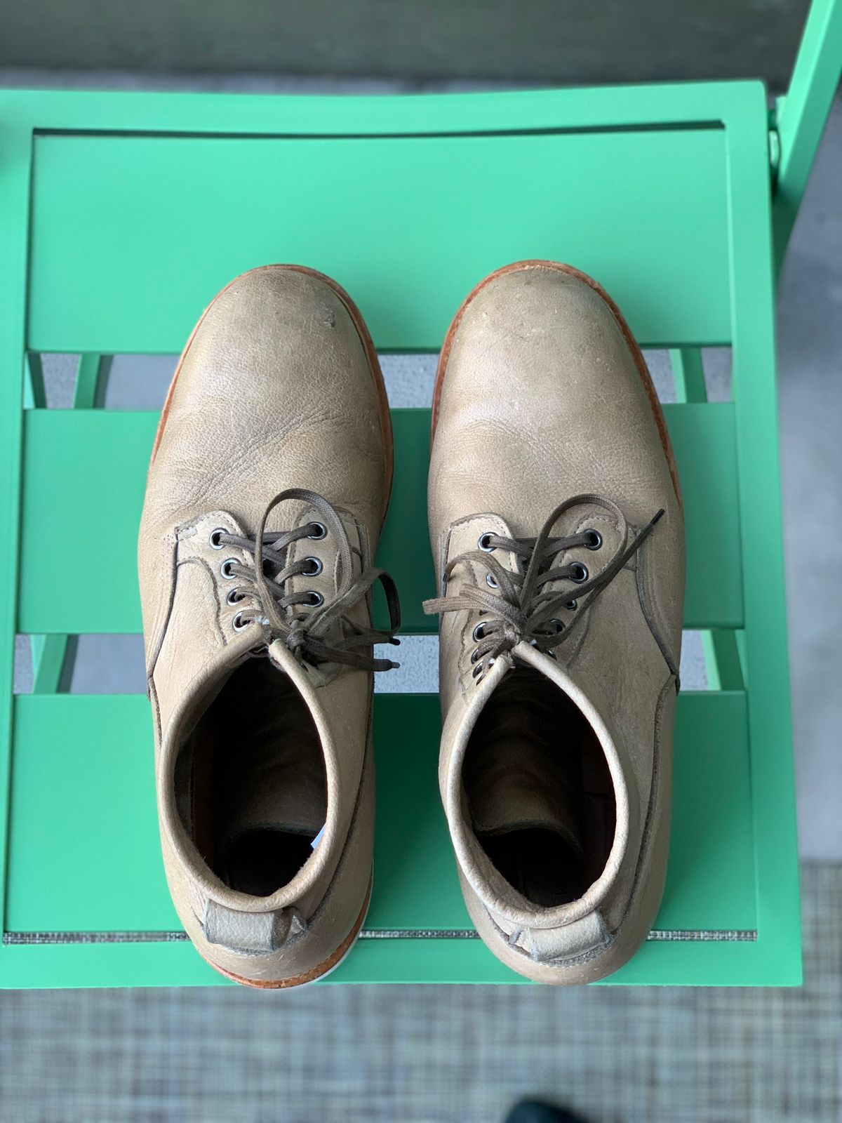 Photo by lonewolfpacman on April 2, 2024 of the Viberg Scout Boot in C.F. Stead Nomad Bokhara Nubuck.