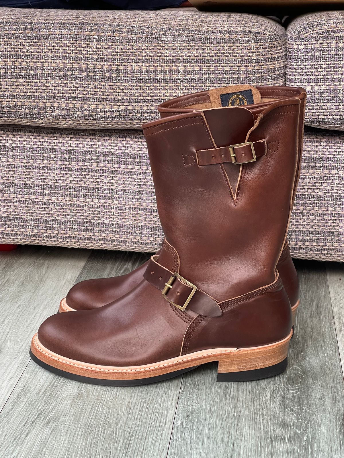 Photo by elliottjhill on October 1, 2023 of the John Lofgren Wabash Engineer Boots in Horween Chocolate Chromexcel.