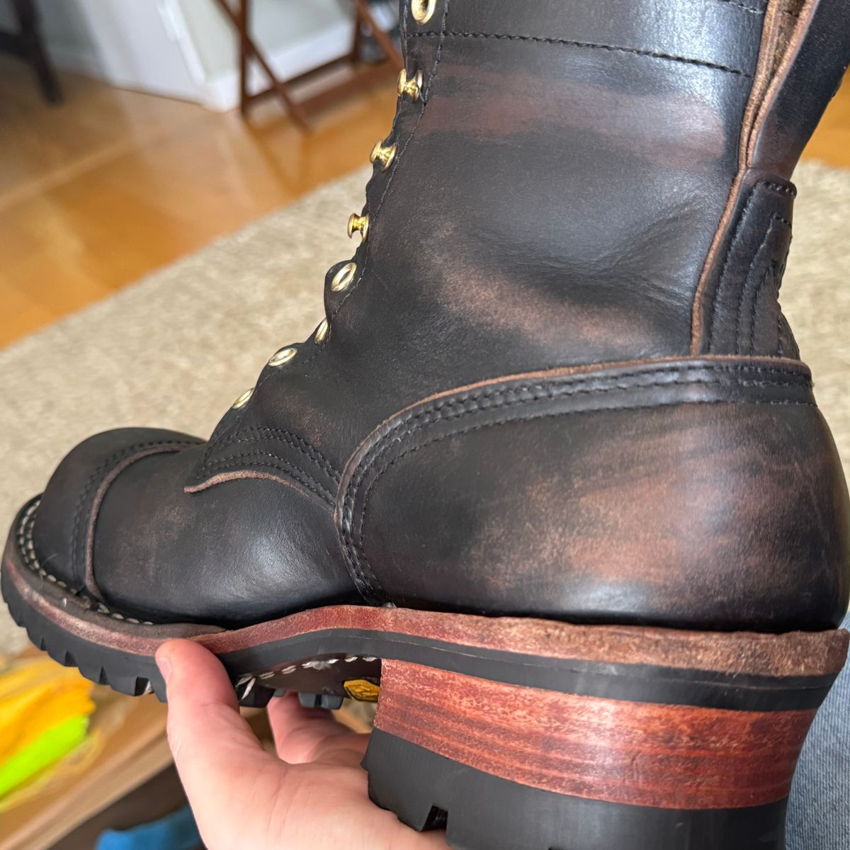 Photo by punkassjim on December 24, 2023 of the Nicks MTO in Horween Black Chromexcel.