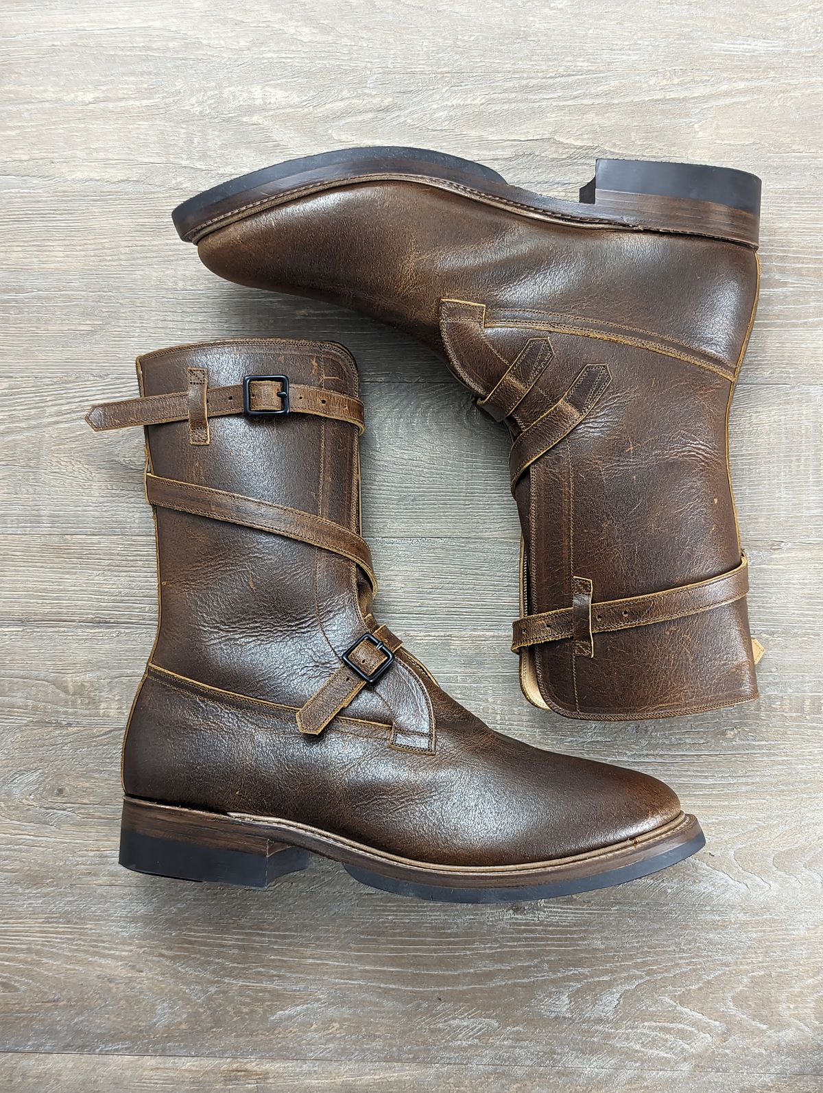 Photo by itsnotbriatall on October 1, 2023 of the Eastman Leather Tanker Boots in Horween Havana Burnished Roughout.