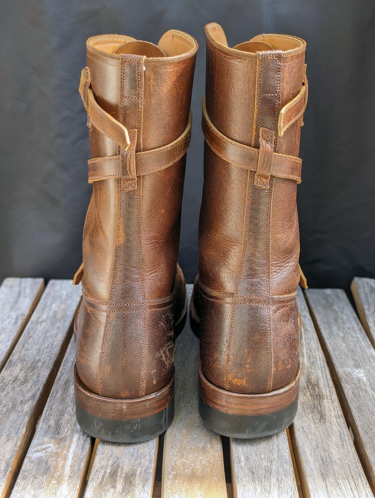 Photo by itsnotbriatall on November 1, 2023 of the Eastman Leather Tanker Boots in Horween Havana Burnished Roughout.