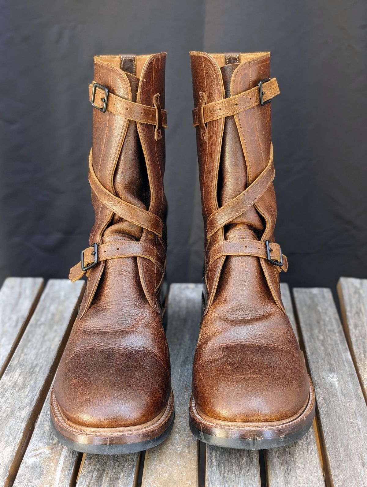 Photo by itsnotbriatall on November 1, 2023 of the Eastman Leather Tanker Boots in Horween Havana Burnished Roughout.