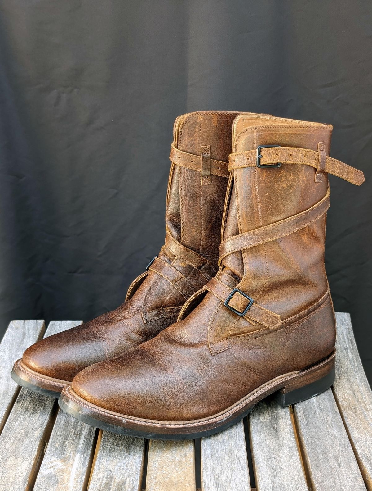 Photo by itsnotbriatall on November 1, 2023 of the Eastman Leather Tanker Boots in Horween Havana Burnished Roughout.