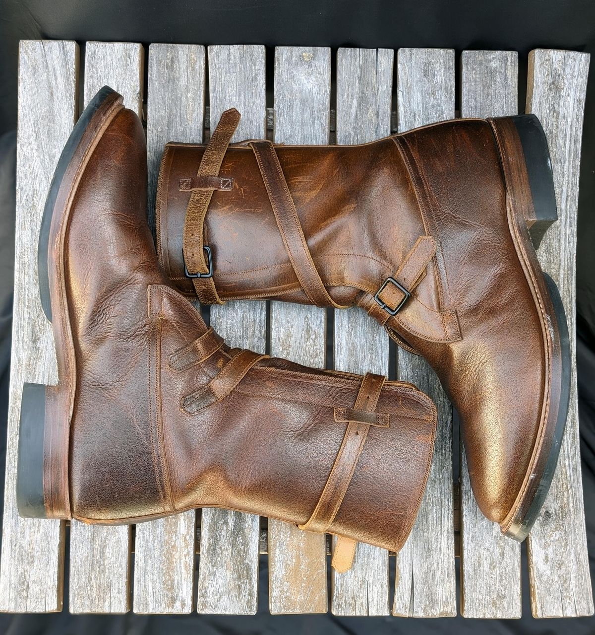 Photo by itsnotbriatall on November 1, 2023 of the Eastman Leather Tanker Boots in Horween Havana Burnished Roughout.