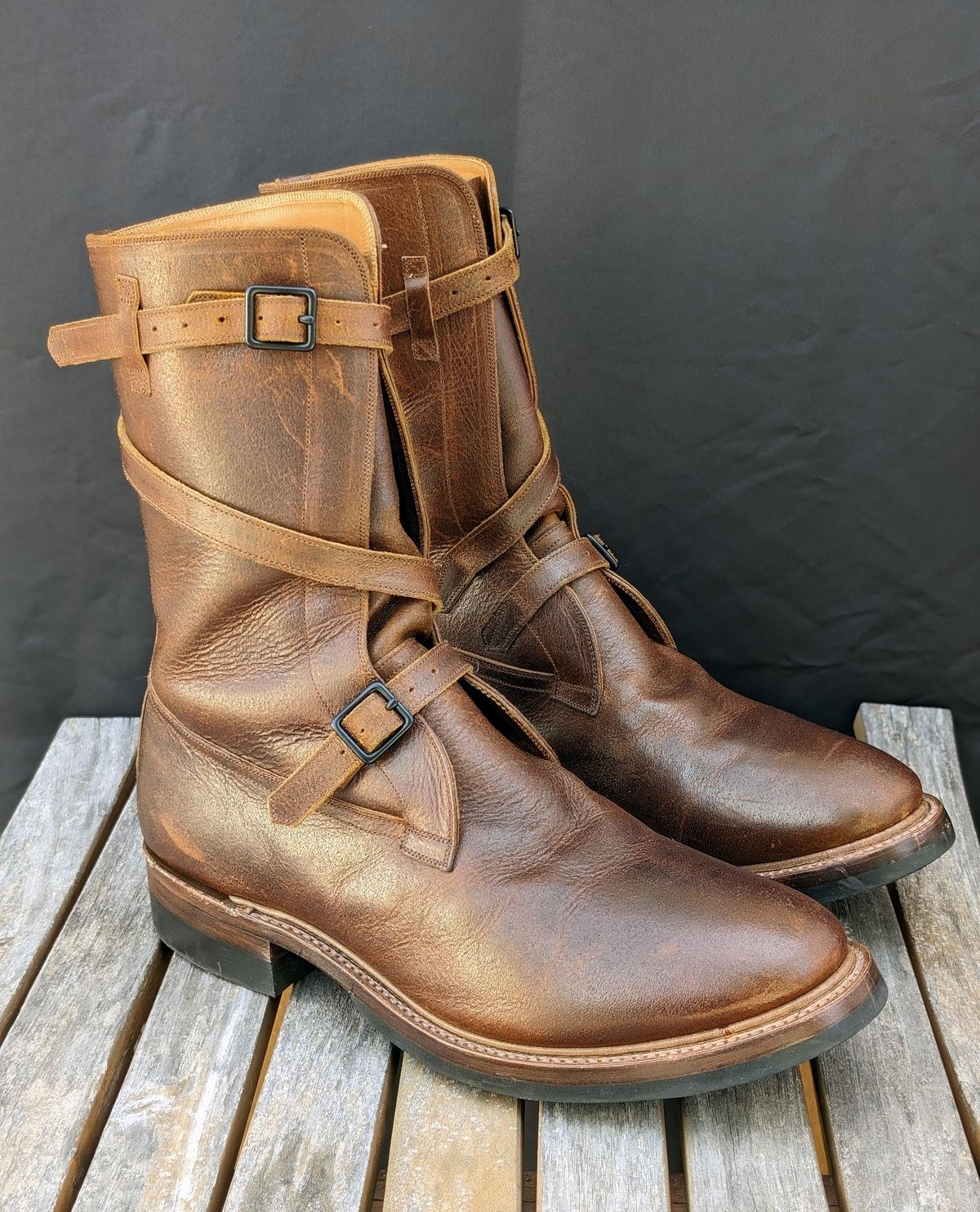 Photo by itsnotbriatall on November 1, 2023 of the Eastman Leather Tanker Boots in Horween Havana Burnished Roughout.