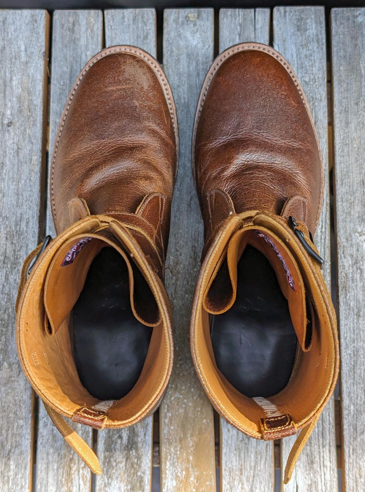 Photo by itsnotbriatall on November 1, 2023 of the Eastman Leather Tanker Boots in Horween Havana Burnished Roughout.