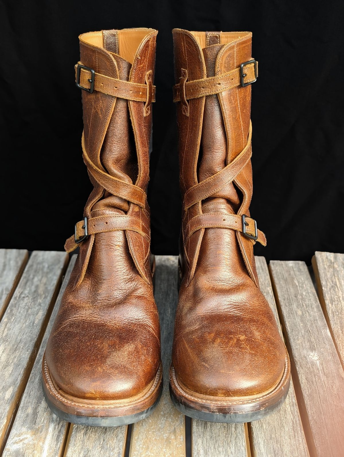 Photo by itsnotbriatall on December 3, 2023 of the Eastman Leather Tanker Boots in Horween Havana Burnished Roughout.