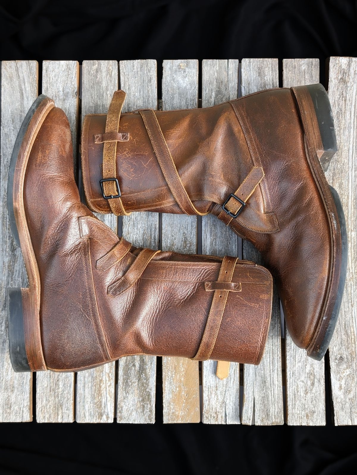 Photo by itsnotbriatall on December 3, 2023 of the Eastman Leather Tanker Boots in Horween Havana Burnished Roughout.