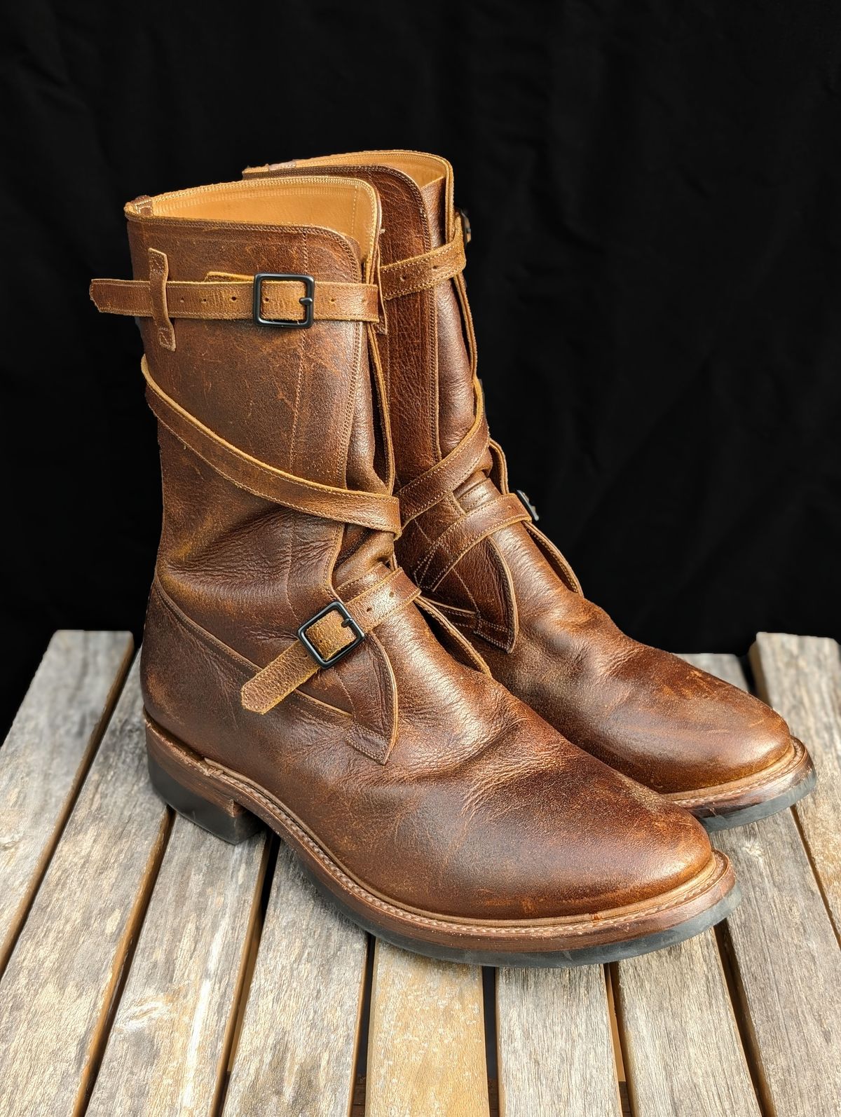 Photo by itsnotbriatall on December 3, 2023 of the Eastman Leather Tanker Boots in Horween Havana Burnished Roughout.