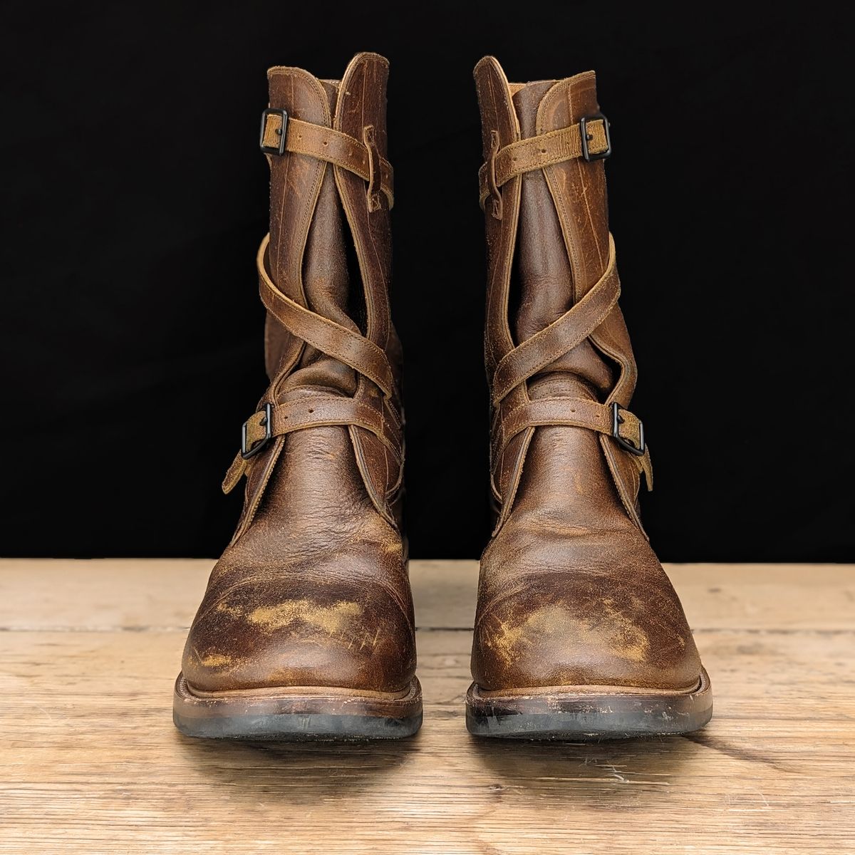 Photo by itsnotbriatall on January 2, 2024 of the Eastman Leather Tanker Boots in Horween Havana Burnished Roughout.