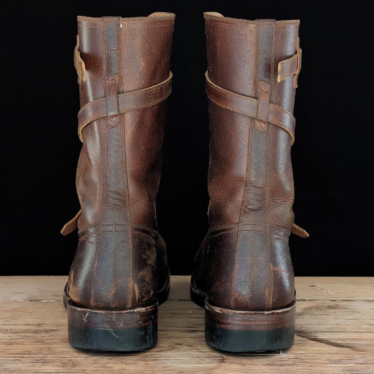 Photo by itsnotbriatall on February 3, 2024 of the Eastman Leather Tanker Boots in Horween Havana Burnished Roughout.