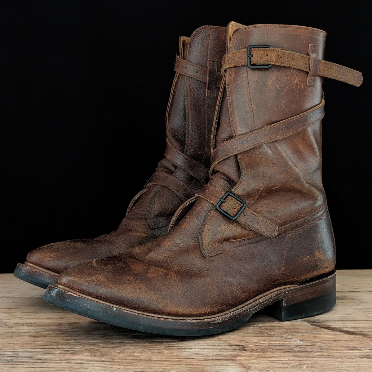 Photo by itsnotbriatall on February 3, 2024 of the Eastman Leather Tanker Boots in Horween Havana Burnished Roughout.