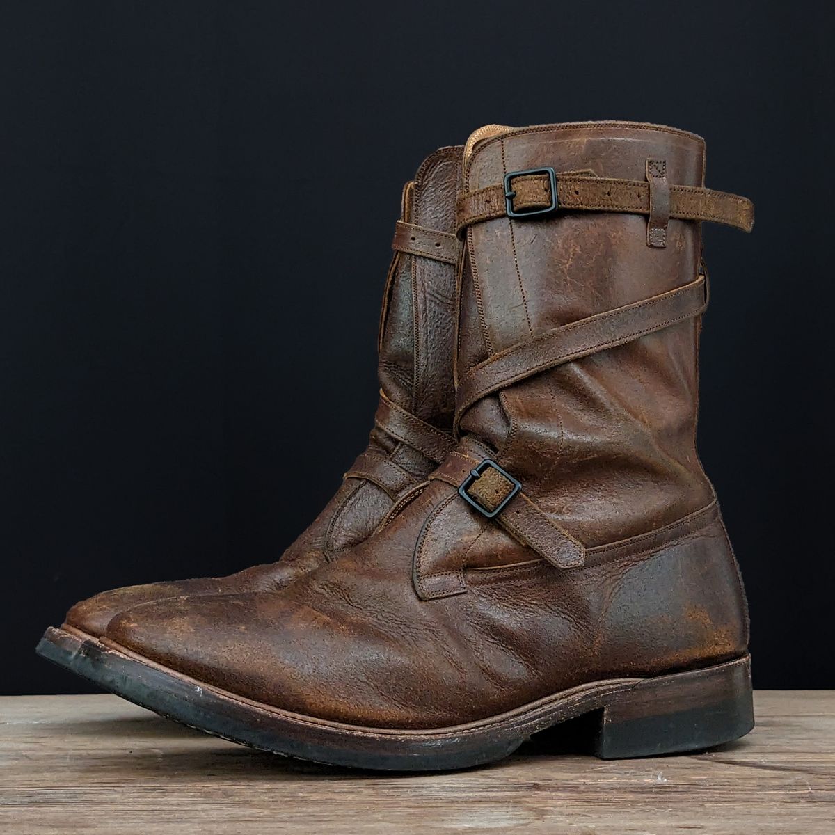 Photo by itsnotbriatall on March 3, 2024 of the Eastman Leather Tanker Boots in Horween Havana Burnished Roughout.