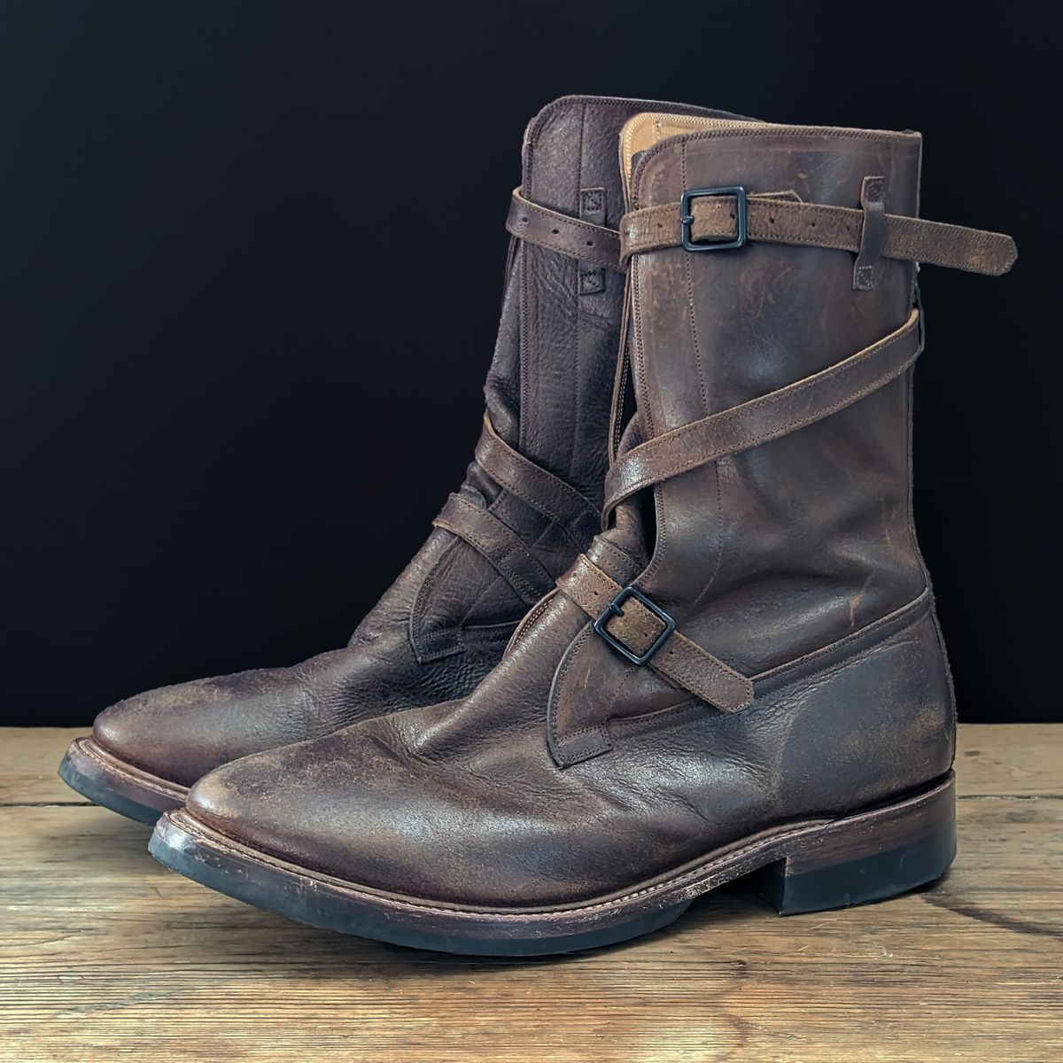 Photo by itsnotbriatall on April 2, 2024 of the Eastman Leather Tanker Boots in Horween Havana Burnished Roughout.
