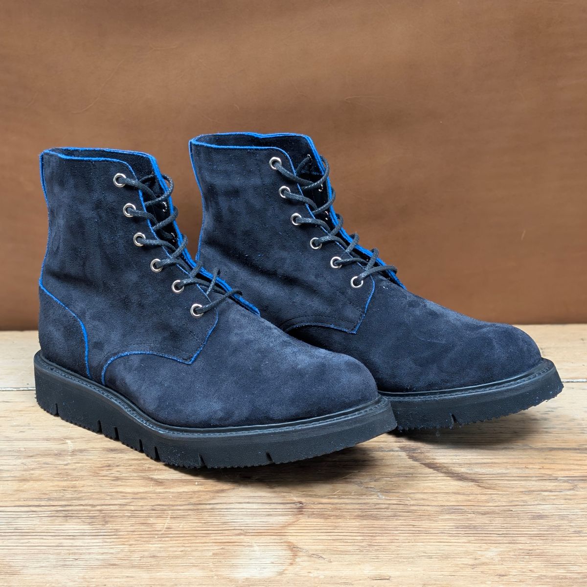 Photo by itsnotbriatall on October 1, 2025 of the Tricker's Black Ice Boot in C.F. Stead Ottoman Scuff Off Suede.
