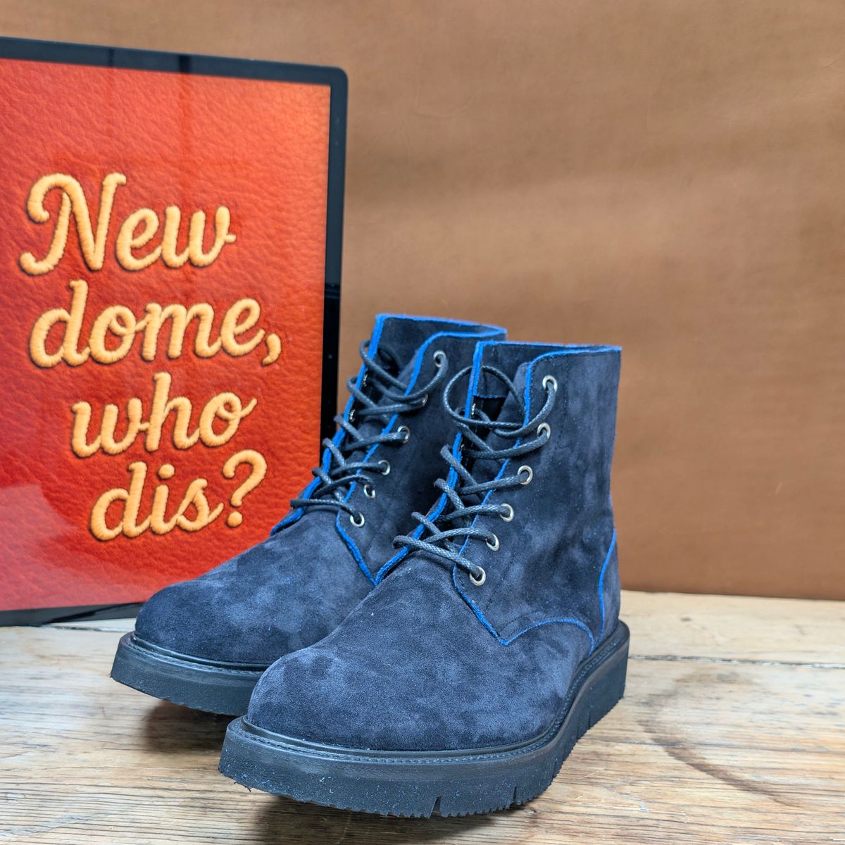 Photo by itsnotbriatall on October 1, 2025 of the Tricker's Black Ice Boot in C.F. Stead Ottoman Scuff Off Suede.