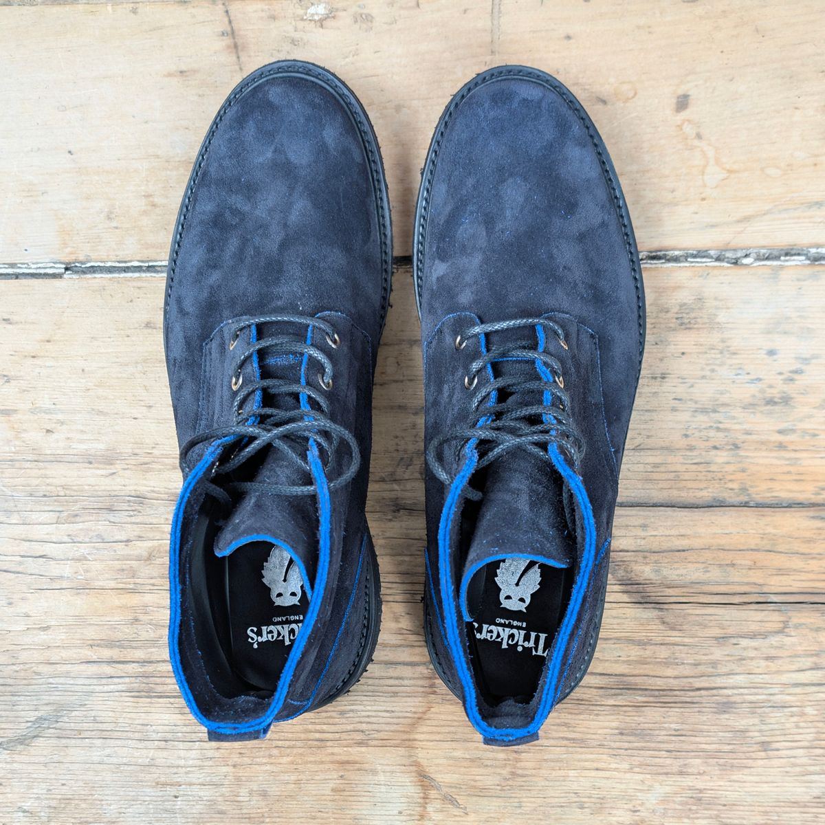 Photo by itsnotbriatall on October 1, 2025 of the Tricker's Black Ice Boot in C.F. Stead Ottoman Scuff Off Suede.