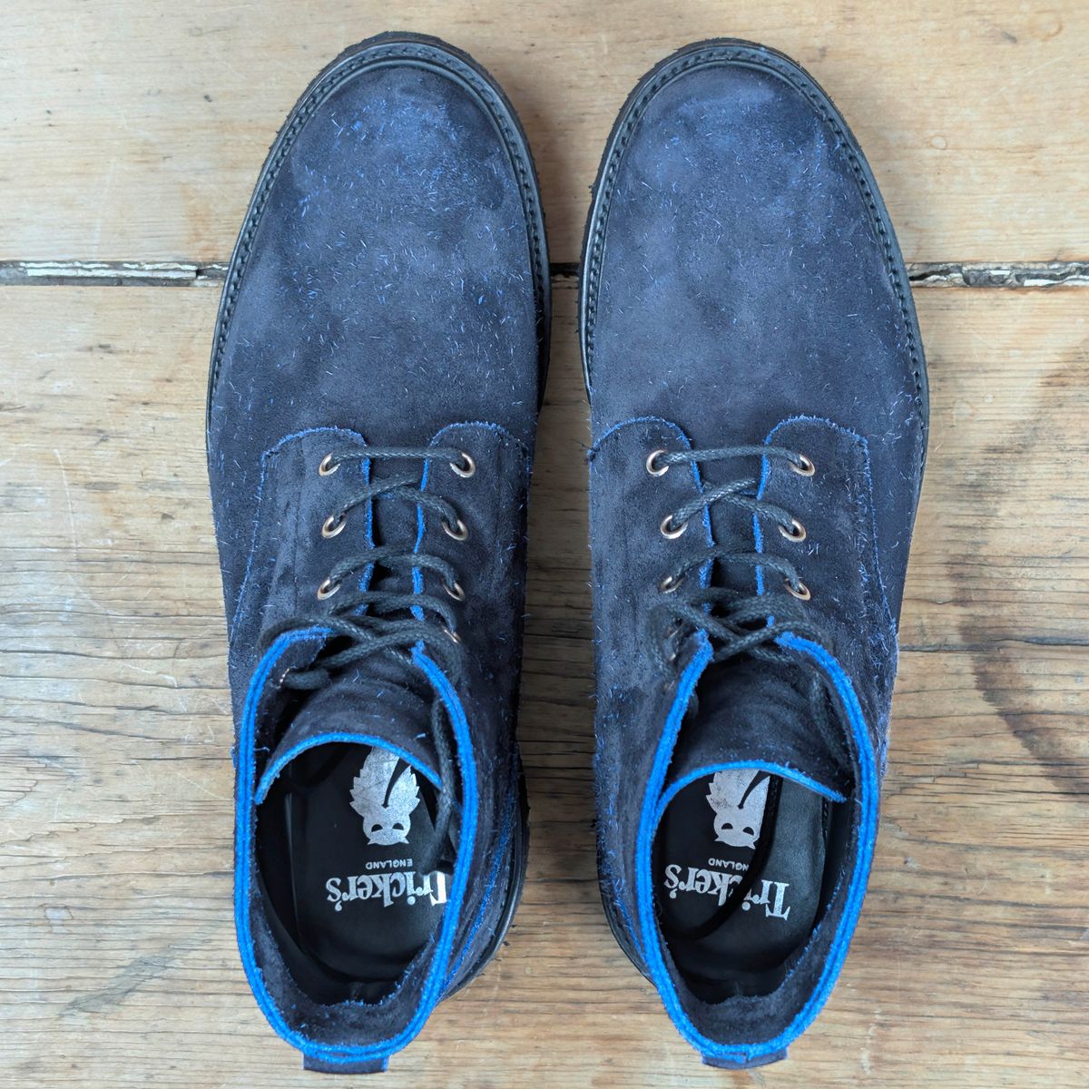 Photo by itsnotbriatall on November 5, 2025 of the Tricker's Black Ice Boot in C.F. Stead Ottoman Scuff Off Suede.