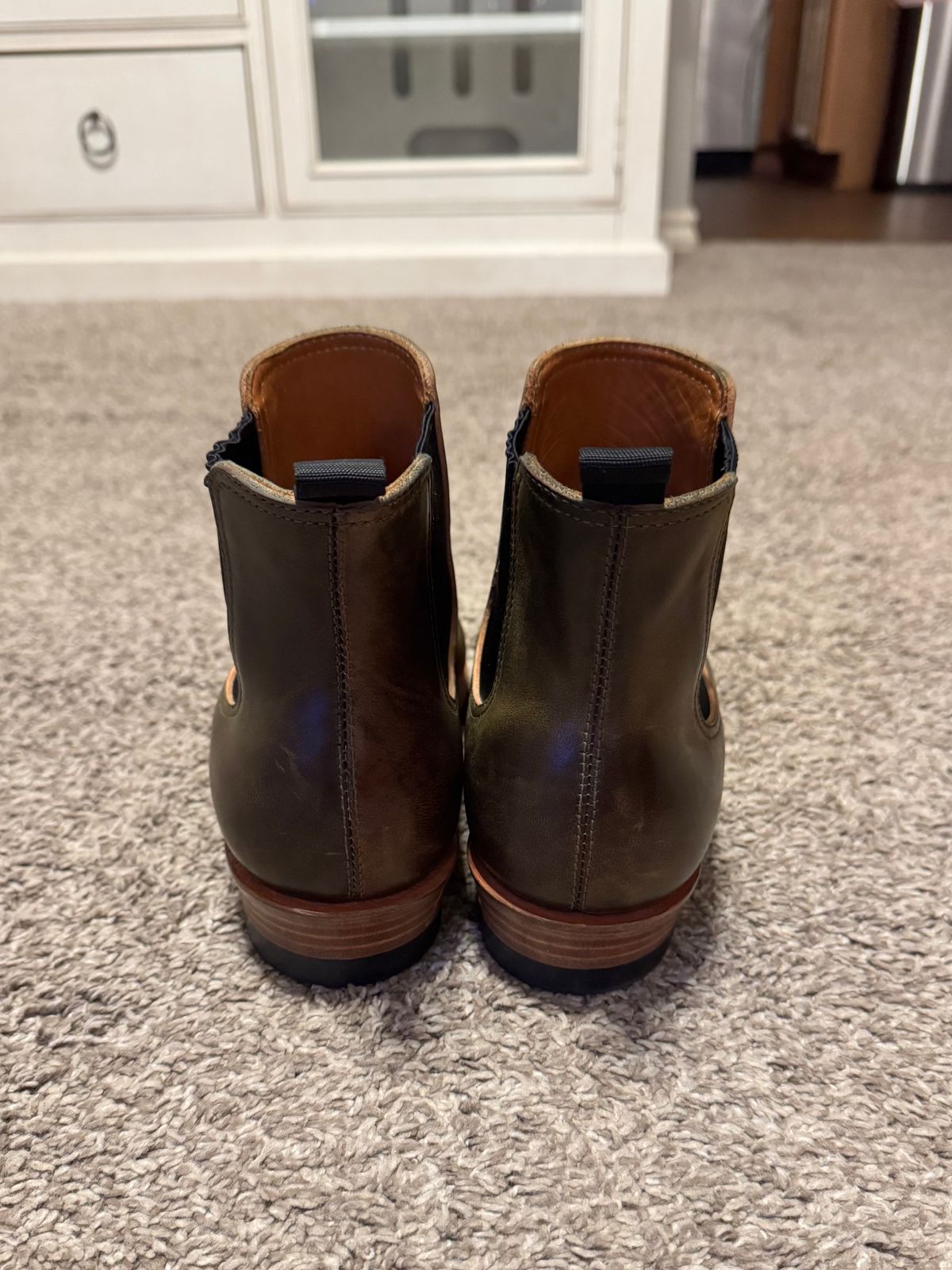 Photo by johnkrauser on October 1, 2025 of the Flame Panda Wholecut Chelsea in Natural Horsebutt Overdyed Olive.