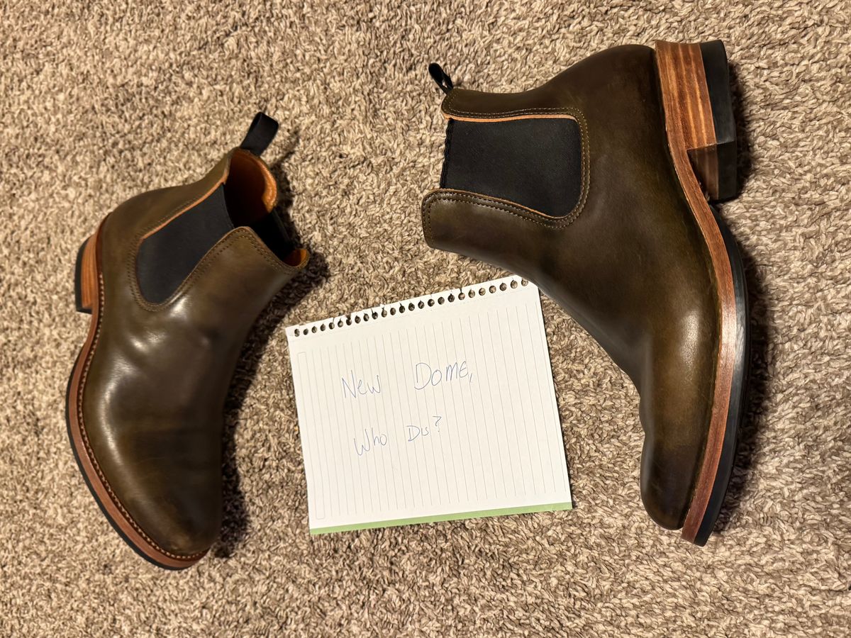 Photo by johnkrauser on October 1, 2025 of the Flame Panda Wholecut Chelsea in Natural Horsebutt Overdyed Olive.