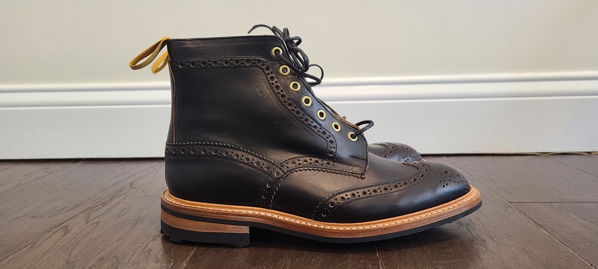 Photo by trickbrick on October 4, 2023 of the Tricker's Stow Country Boot in Horween Black Chromexcel.