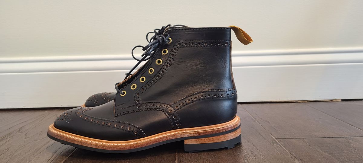 Photo by trickbrick on October 4, 2023 of the Tricker's Stow Country Boot in Horween Black Chromexcel.