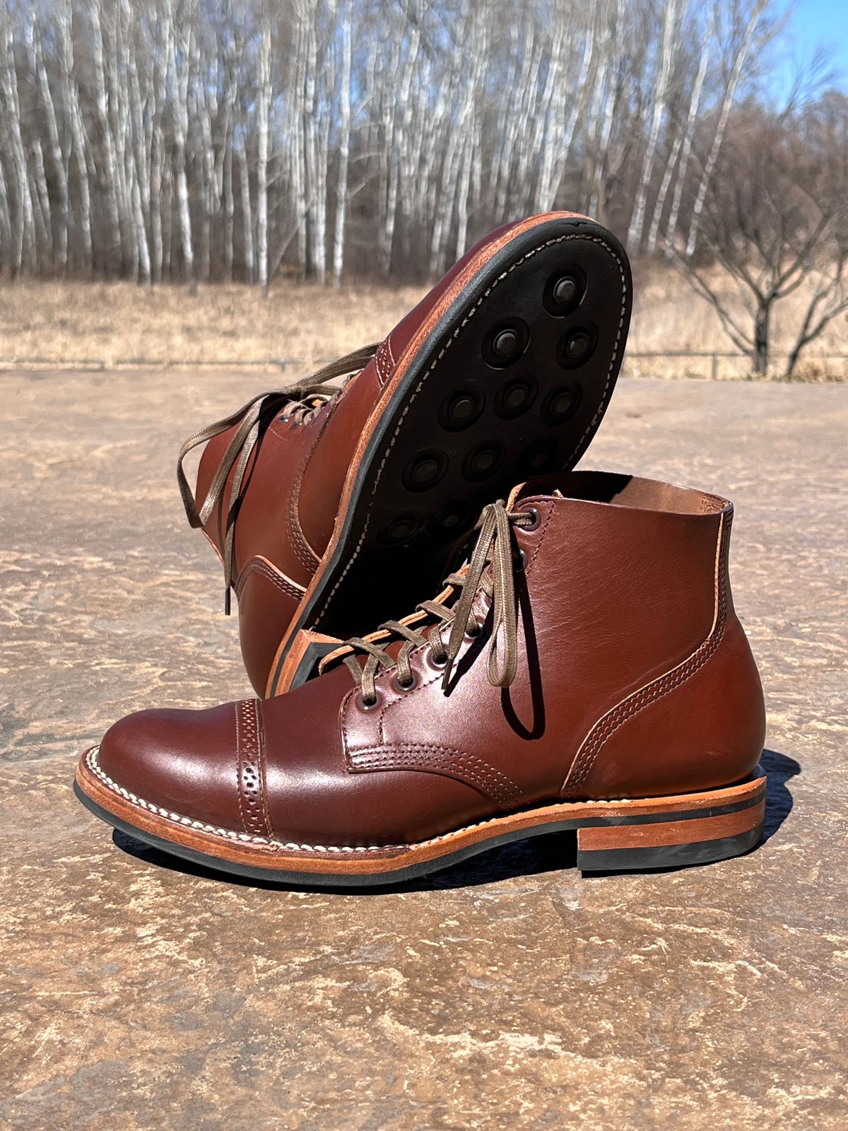 Photo by steverinde on April 6, 2024 of the Viberg Boondocker BCT in Horween Pigment Brown Workshoe Butt.