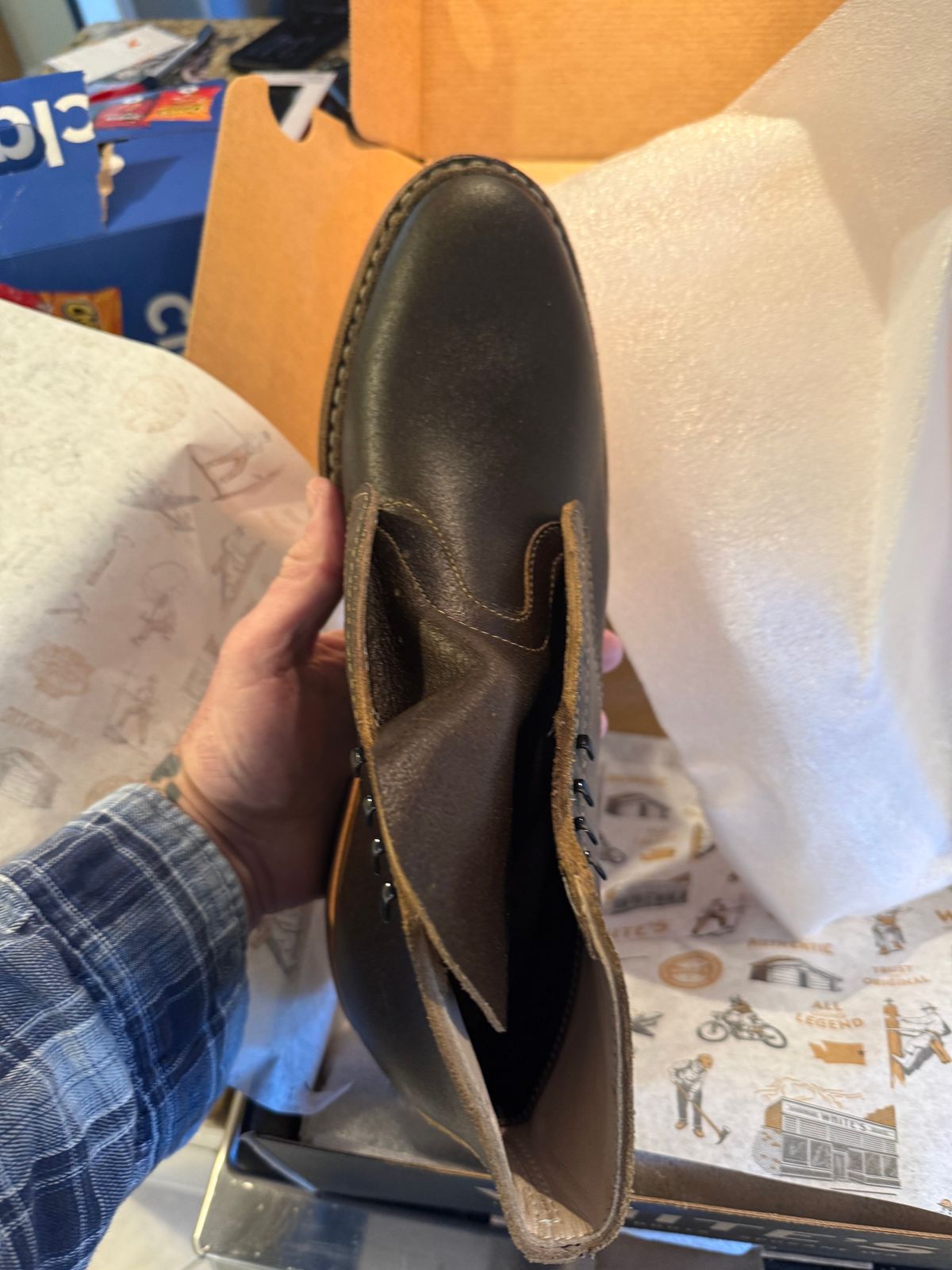 Photo by Timm on January 30, 2026 of the White's Stevens (Plain Toe) in Horween Dark Olive Waxed Flesh.