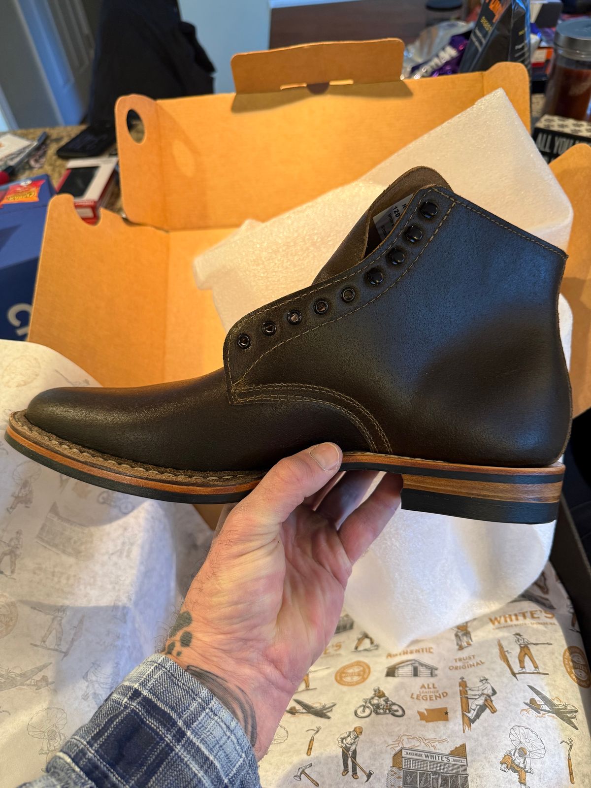 Photo by Timm on January 30, 2026 of the White's Stevens (Plain Toe) in Horween Dark Olive Waxed Flesh.
