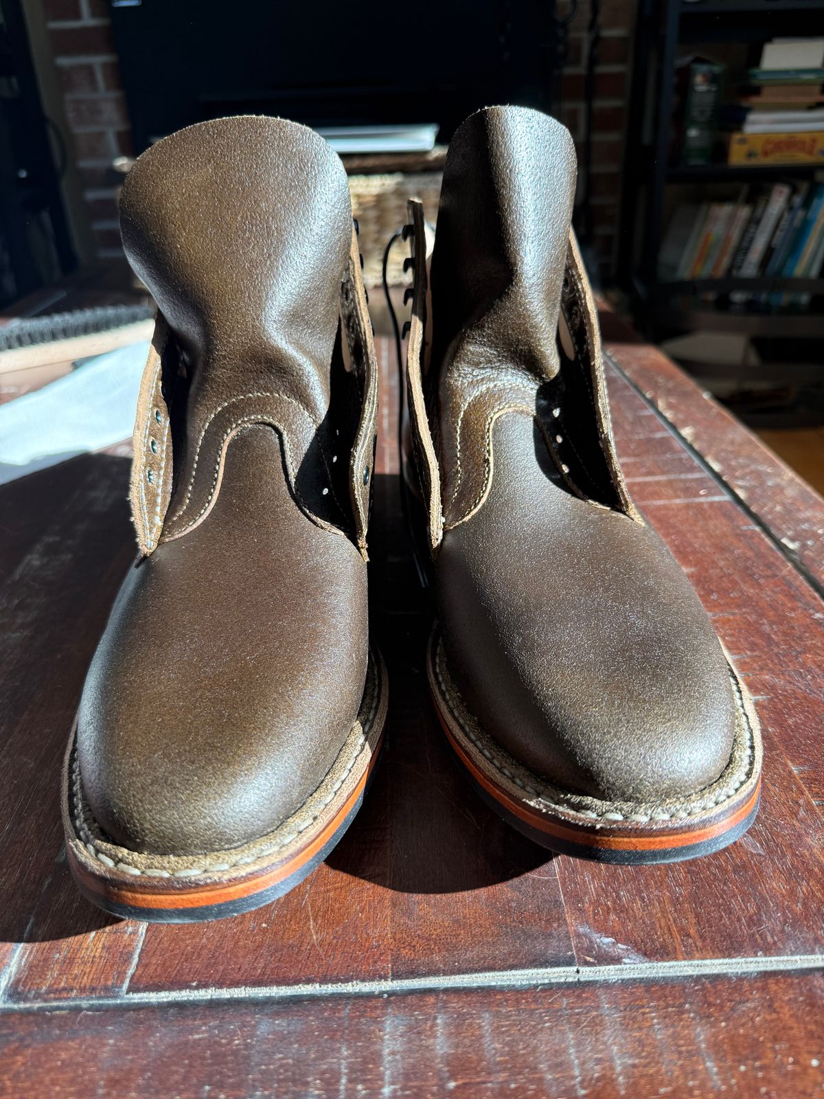 Photo by Timm on January 31, 2026 of the White's Stevens (Plain Toe) in Horween Dark Olive Waxed Flesh.
