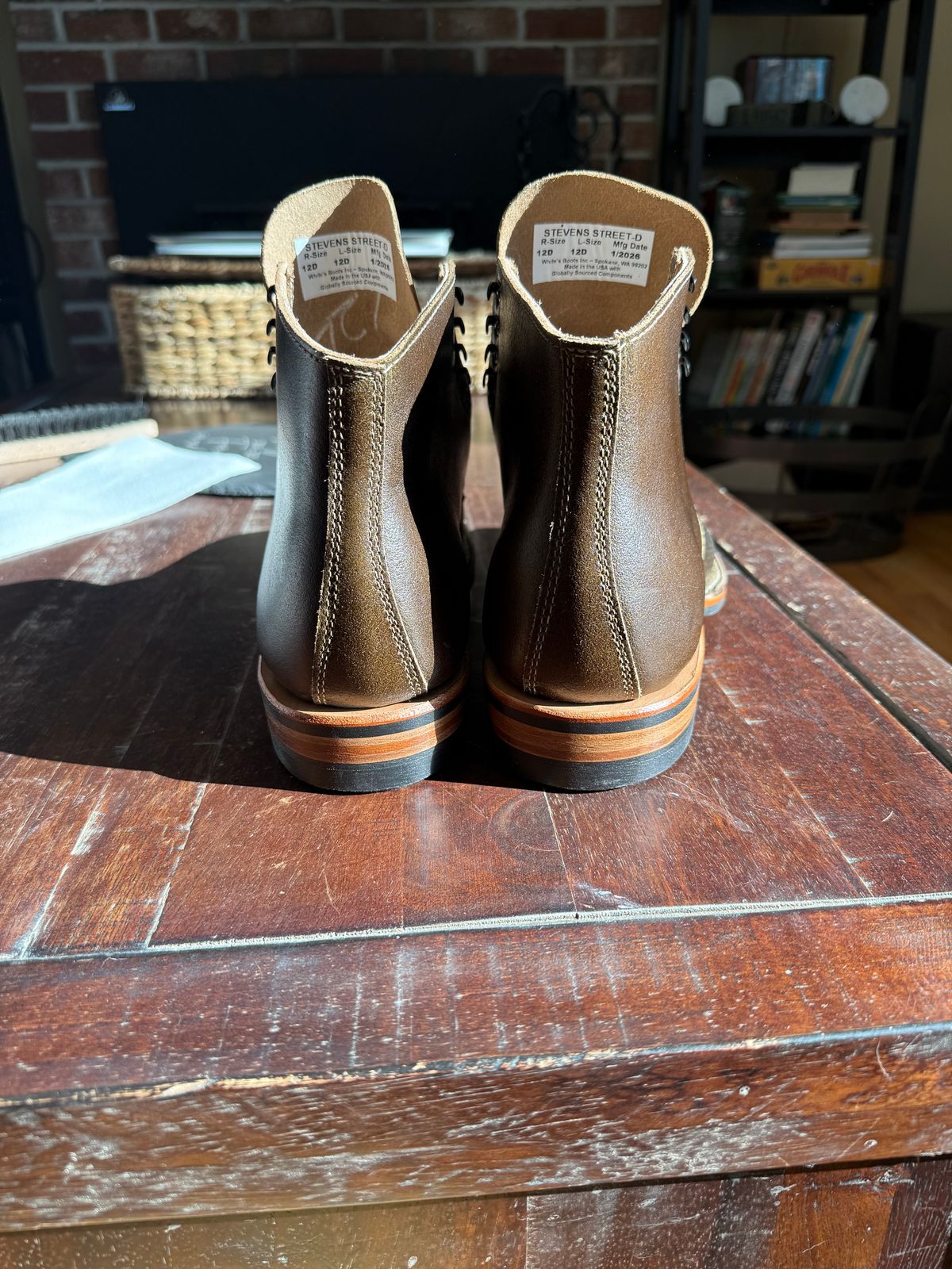 Photo by Timm on January 31, 2026 of the White's Stevens (Plain Toe) in Horween Dark Olive Waxed Flesh.