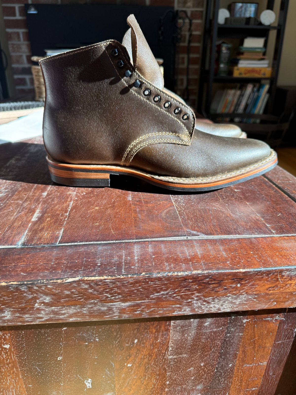 Photo by Timm on January 31, 2026 of the White's Stevens (Plain Toe) in Horween Dark Olive Waxed Flesh.