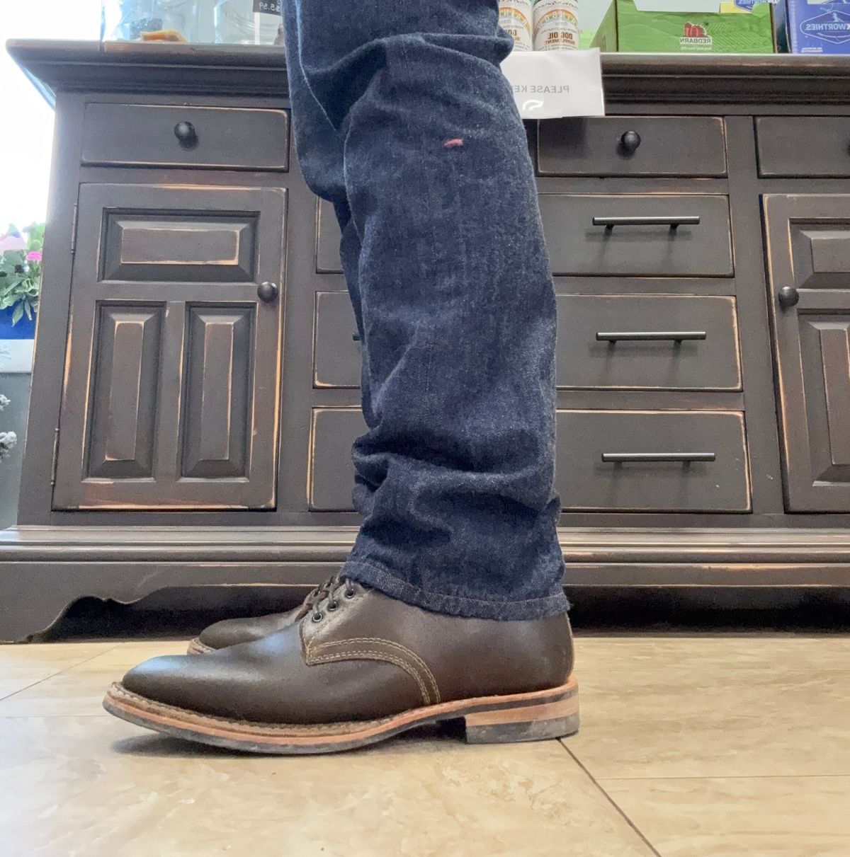 Photo by Timm on February 6, 2026 of the White's Stevens (Plain Toe) in Horween Dark Olive Waxed Flesh.
