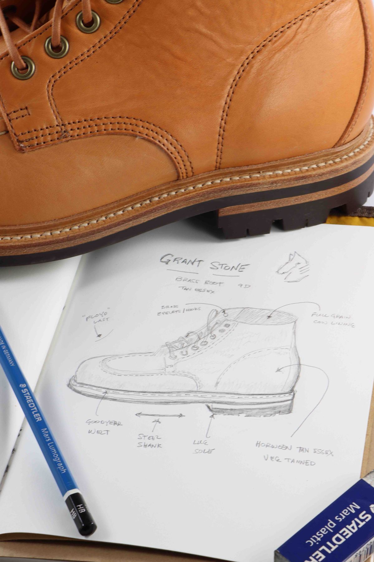 Photo by onthedogwatch on October 2, 2022 of the Grant Stone Brass Boot in Horween Natural Essex.