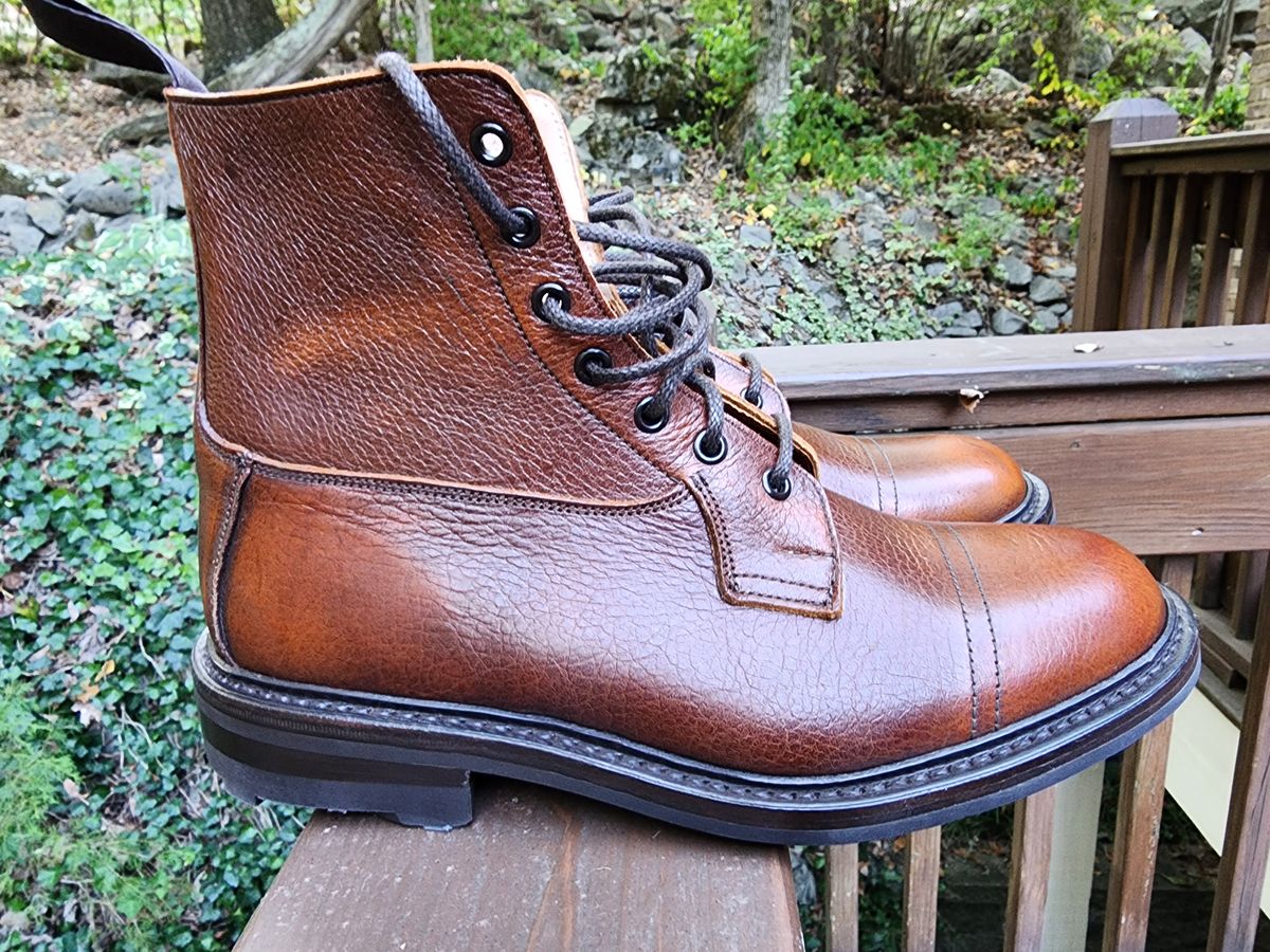 Photo by stylenwby on October 1, 2023 of the Tricker's Grassmere Country Boot in C.F. Stead Caramel Kudu Classic.