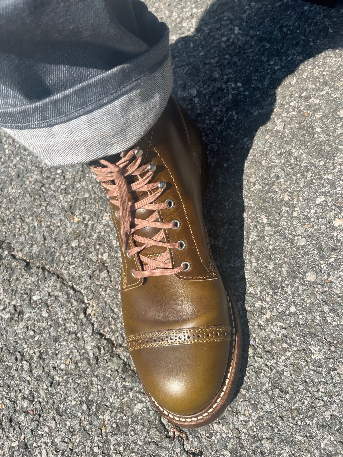 Photo by illclassico on August 13, 2023 of the John Lofgren Combat Boots in Horween Olive Chromexcel.