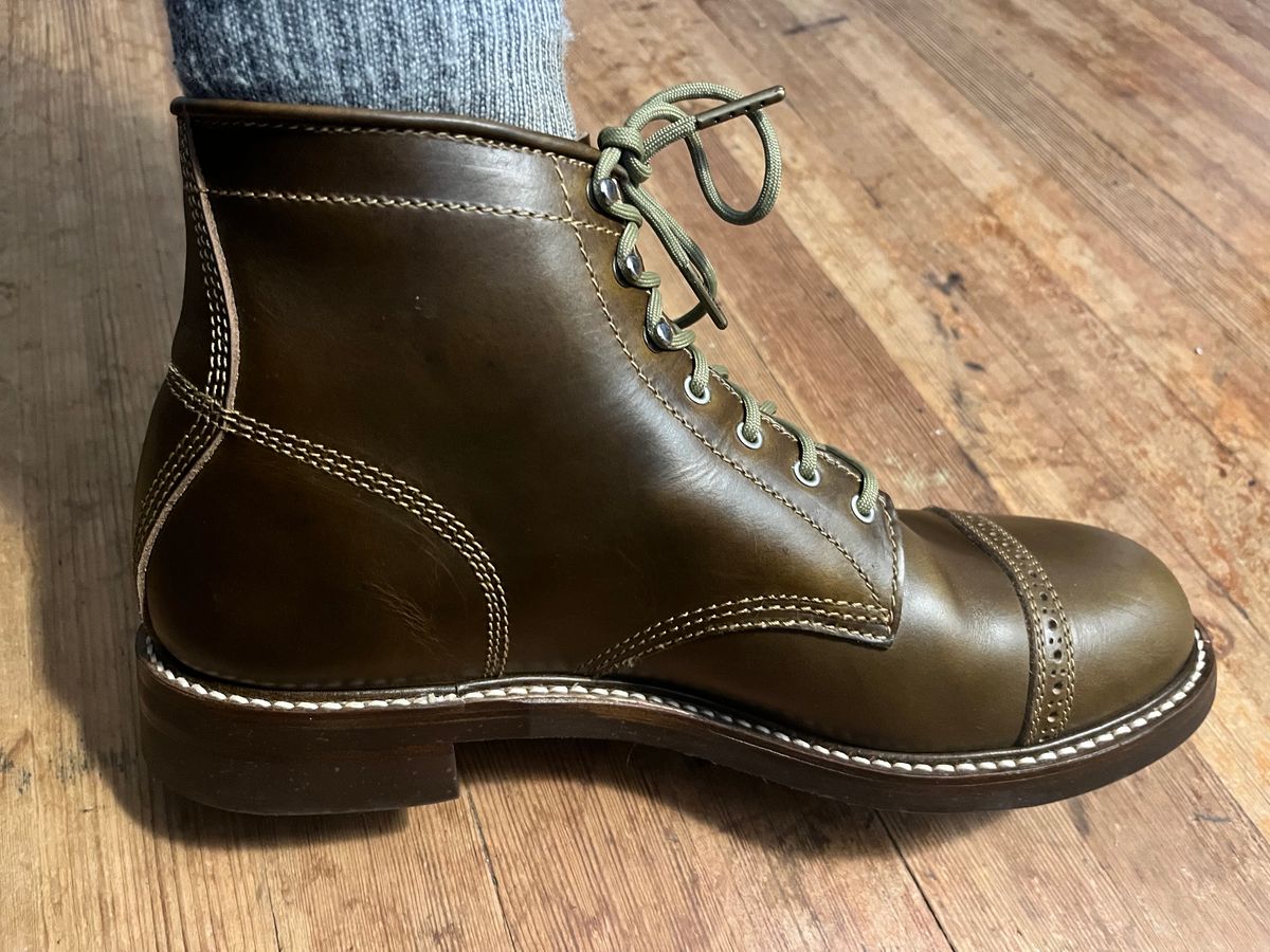 Photo by illclassico on September 16, 2023 of the John Lofgren Combat Boots in Horween Olive Chromexcel.