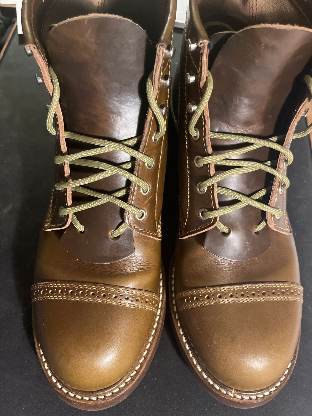 Photo by illclassico on September 28, 2023 of the John Lofgren Combat Boots in Horween Olive Chromexcel.