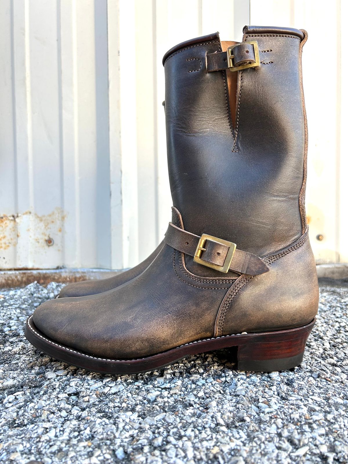 Photo by Everyone_else_fault on October 3, 2022 of the Unsung U 22-2 Engineer Boot in Wickett & Craig Natural Veg Tan.