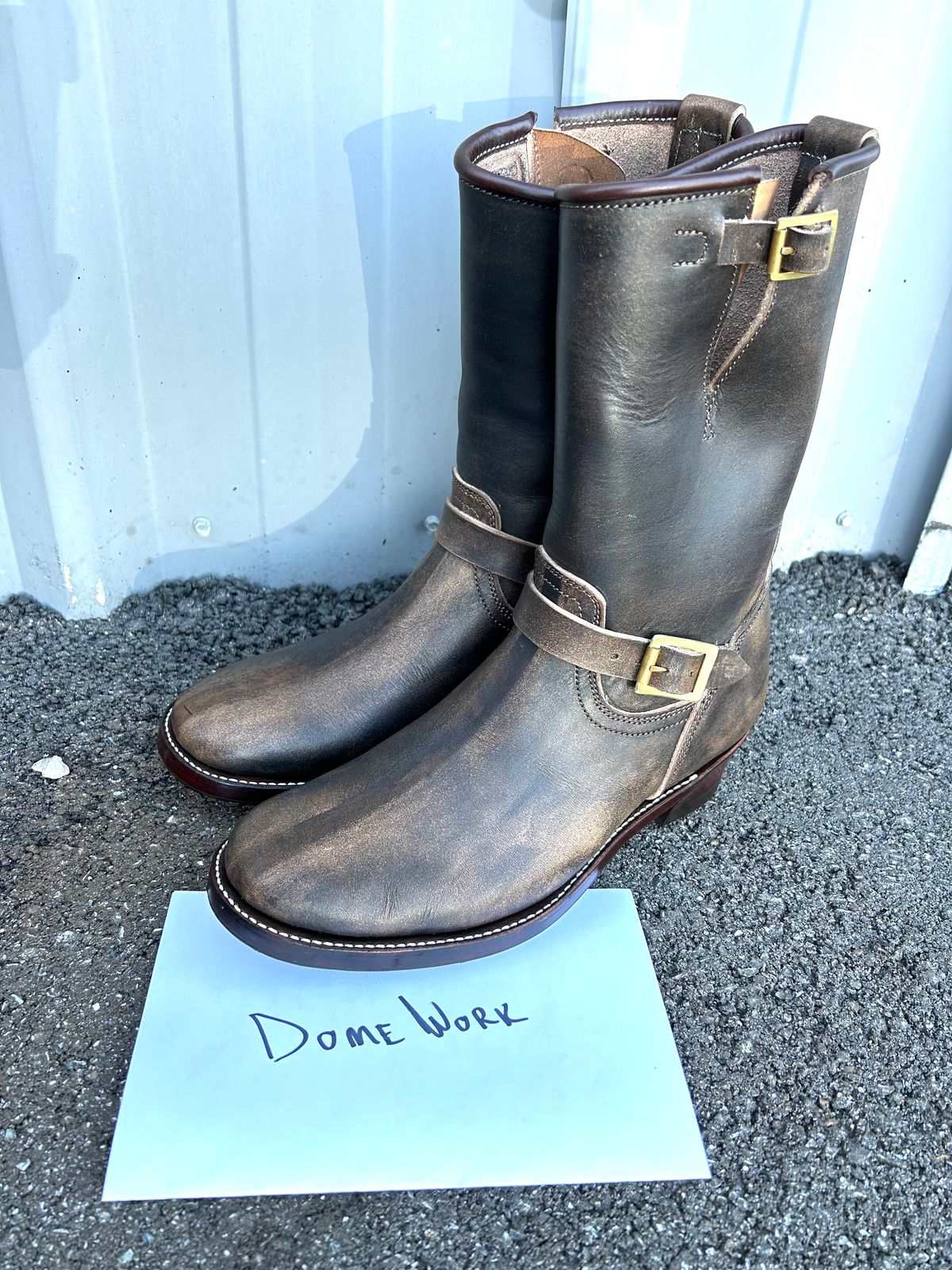 Photo by Everyone_else_fault on October 3, 2022 of the Unsung U 22-2 Engineer Boot in Wickett & Craig Natural Veg Tan.