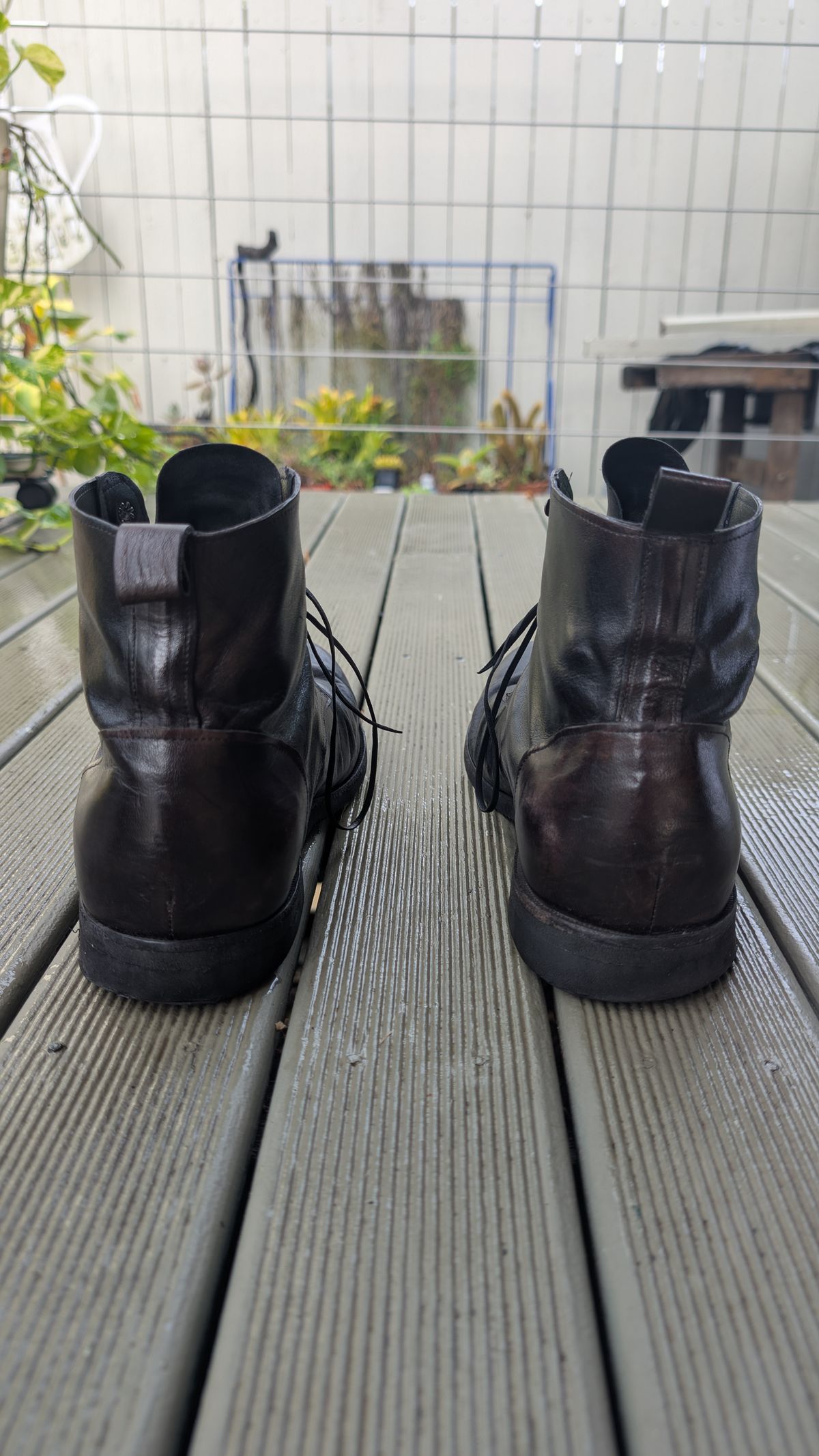 Photo by Togebough on November 1, 2025 of the Myself Dress boot style in Falconry Kangaroo Veg Tan (hand dyed Tan then black).