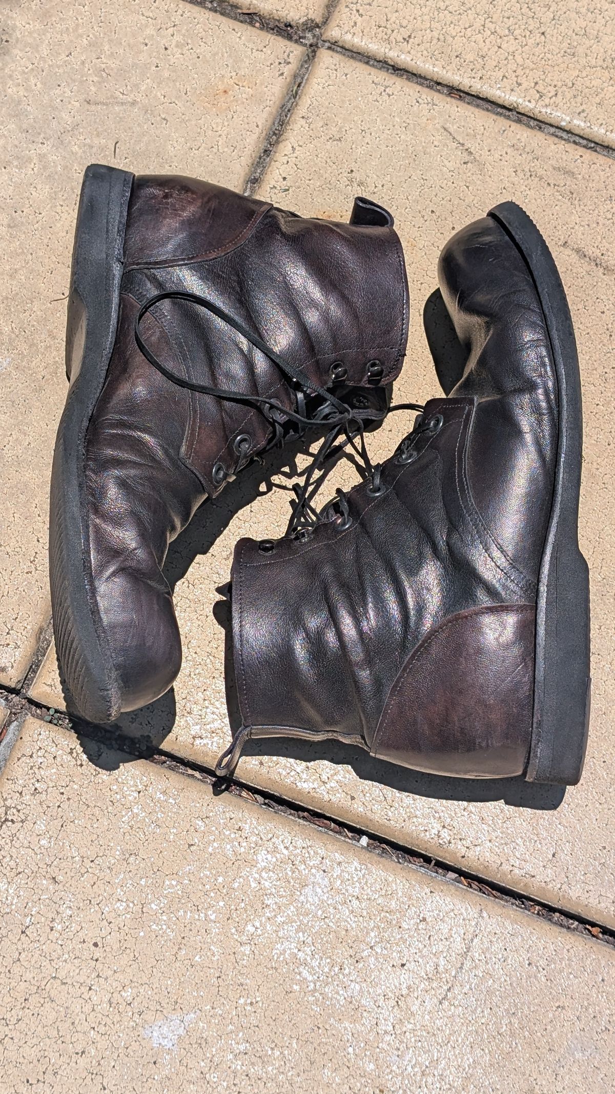 Photo by Togebough on December 6, 2025 of the Myself Dress boot style in Falconry Kangaroo Veg Tan (hand dyed Tan then black).